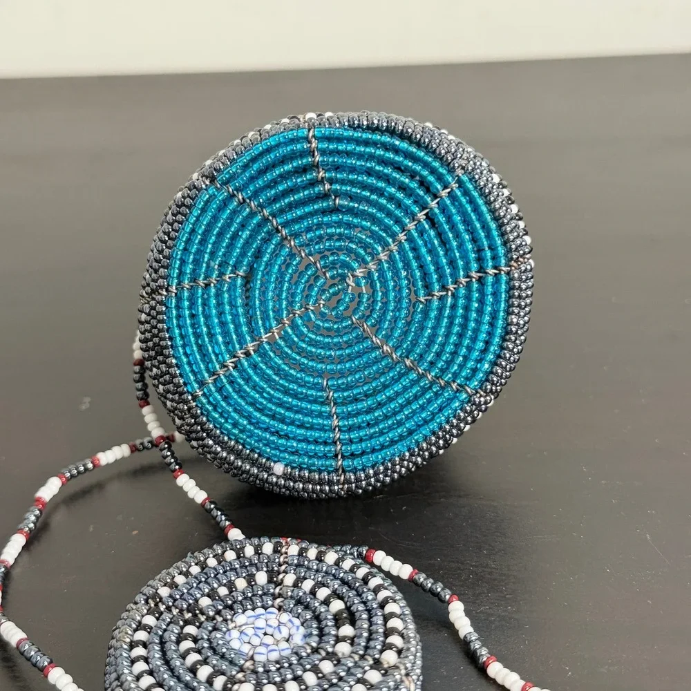 Handmade Beaded Miniature Basket Bag Coiled Wire Seed Bead Trinket Pot